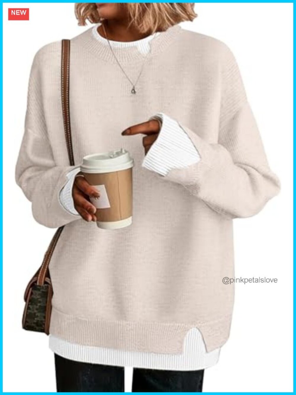 Women's Oversized Ribbed Knit Sweater Cut-Out Crew Neck Drop Shoulder